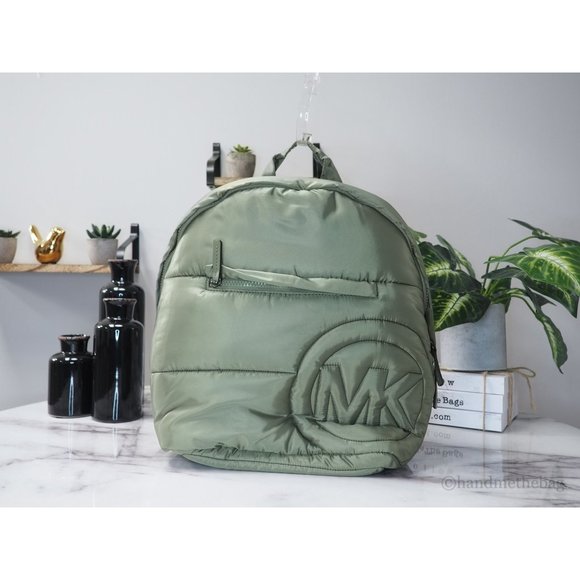 NWT Michael Kors Rae Medium Backpack Green Quilted Nylon Fabric Shoulder Bookbag - Picture 3 of 9